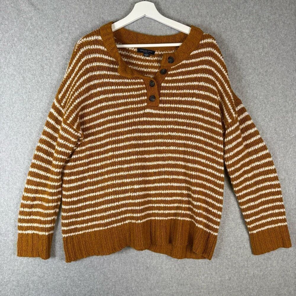 American Eagle Womens Medium Jegging Fit Pullover Sweater Brown White Stripe
